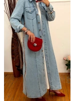 Denim Şeritli Trenç Açık Mavi