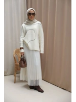 Kadın Asimetrik Dikişli Tüllü Triko Takım-Ekru