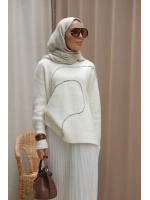 Kadın Asimetrik Dikişli Tüllü Triko Takım-Ekru