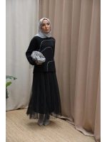 Kadın Asimetrik Dikişli Tüllü Triko Takım-Siyah