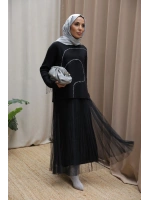 Kadın Asimetrik Dikişli Tüllü Triko Takım-Siyah