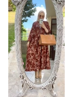 Kadın Bohem Çiçek Desenli Payetli Pamuk Tarçın Elbise (Ön Sipariş)