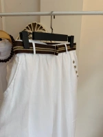 Kadın Cebi Düğmeli Beyaz Keten Pantolon