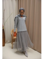 Kadın Dikiş Detaylı Etekli Triko Takım- Gri