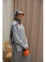 Kadın Dikiş Detaylı Etekli Triko Takım- Gri