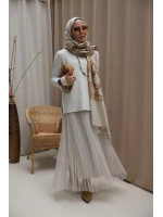 Kadın Dikiş Detaylı Etekli Triko Takım- Gri_