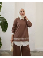 Kadın Modal Nakışlı Takım-Kahve