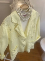 Kadın Önü Cebi Nakışlı Keten Blazer Limon Sarı