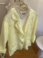 Kadın Önü Cebi Nakışlı Keten Blazer Limon Sarı