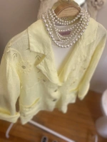 Kadın Önü Cebi Nakışlı Keten Blazer Limon Sarı