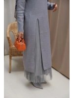 Kadın Yırtmaç Detaylı Elbise&Etek Takım-Gri