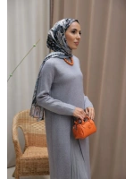 Kadın Yırtmaç Detaylı Elbise&Etek Takım-Gri