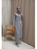 Kadın Yırtmaç Detaylı Elbise&Etek Takım-Gri