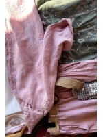 Kelebek Nakışlı Keten Takım Pembe