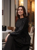 Payetli Poplin Siyah Elbise