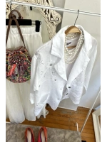 Pul Payetli Keten Blazer Ceket Beyaz