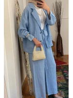 Pul Payetli Keten Blazer Ceket Mavi