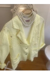 Kadın Önü Cebi Nakışlı Keten Blazer Limon Sarı