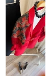 Kırmızı Püsküllü Brokar Omuz Şalı