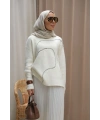 Kadın Asimetrik Dikişli Tüllü Triko Takım-Ekru