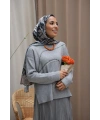 Kadın Asimetrik Dikişli Tüllü Triko Takım-Gri