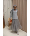 Kadın Dikiş Detaylı Etekli Triko Takım- Gri