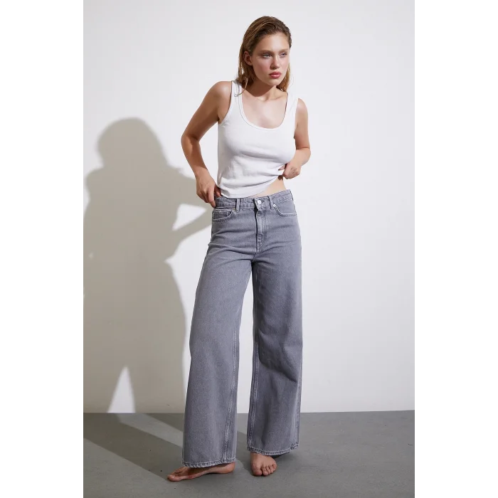 Yüksek Bel Wide Leg Jean Füme