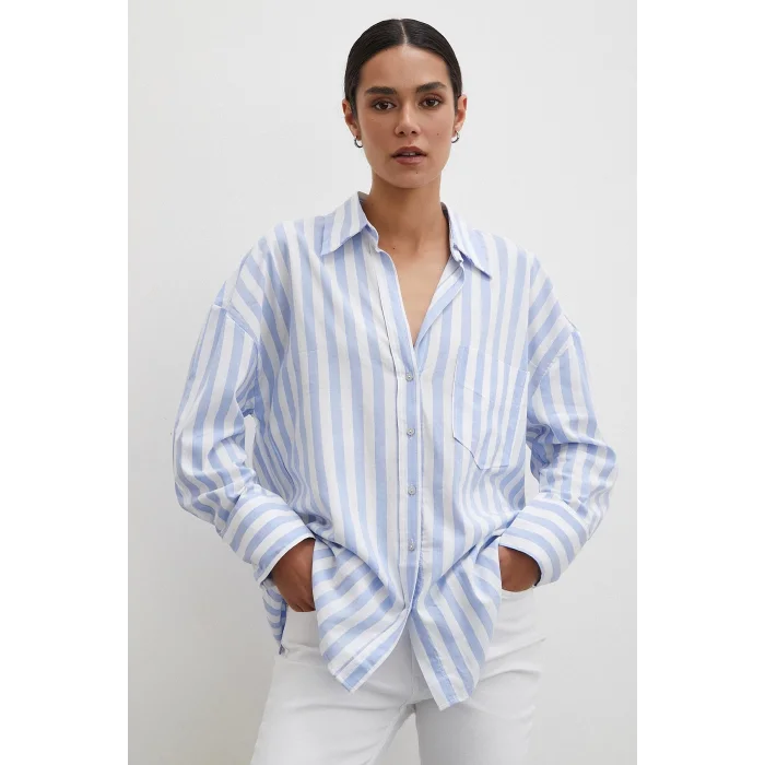 Oversize Cepli Keten Gömlek Mavi