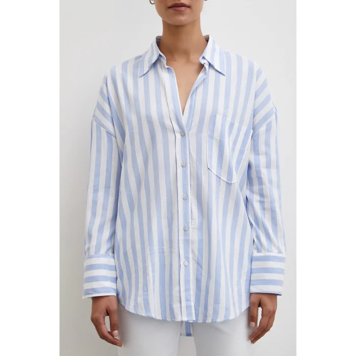 Oversize Cepli Keten Gömlek Mavi