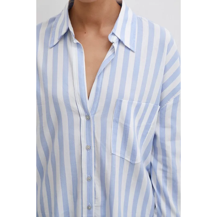 Oversize Cepli Keten Gömlek Mavi