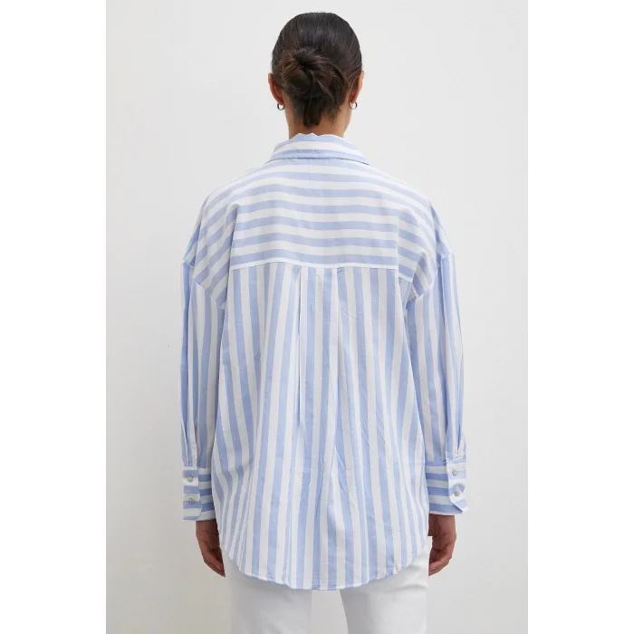 Oversize Cepli Keten Gömlek Mavi