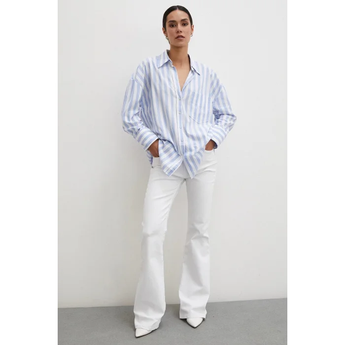 Oversize Cepli Keten Gömlek Mavi