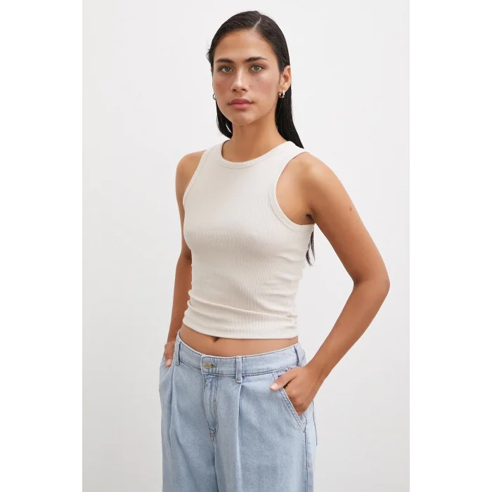 Bisiklet Yaka Top Bej