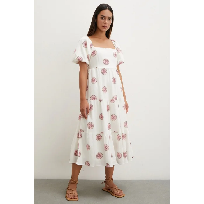 Sırtı Fiyonklu Keten Elbise Pembe