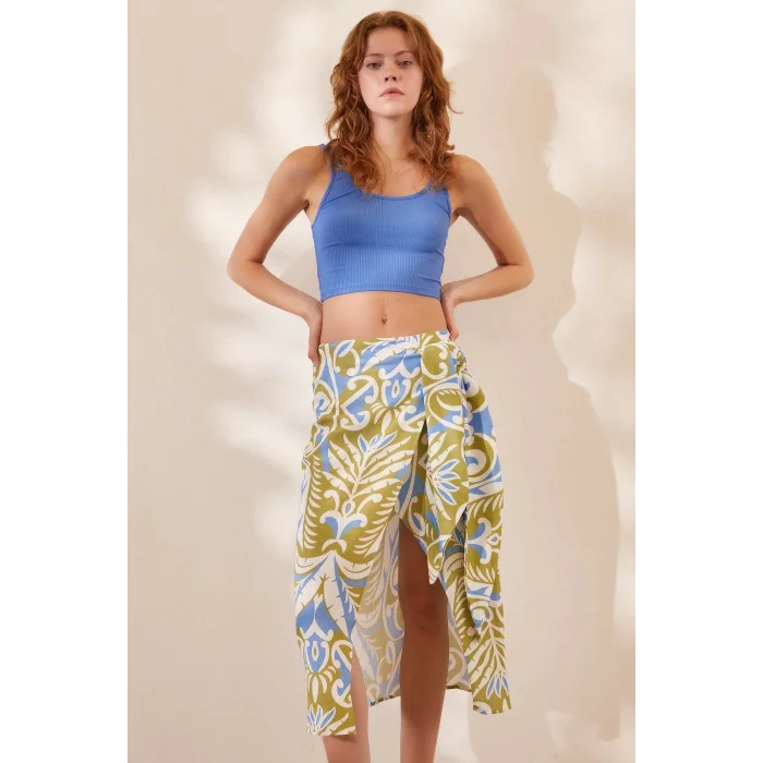 Yırtmaçlı Desen Etek Mavi