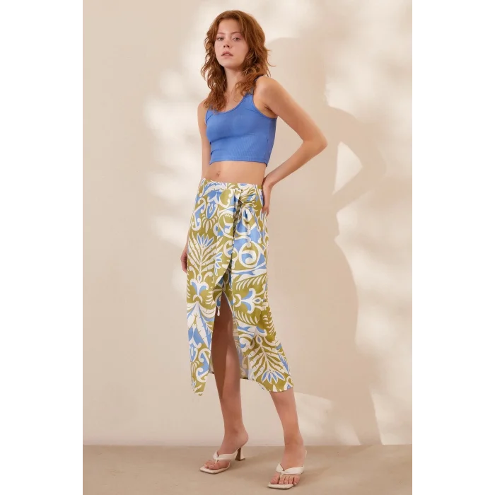 Yırtmaçlı Desen Etek Mavi