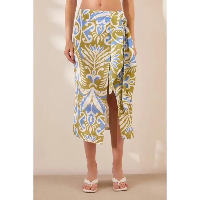 Yırtmaçlı Desen Etek Mavi