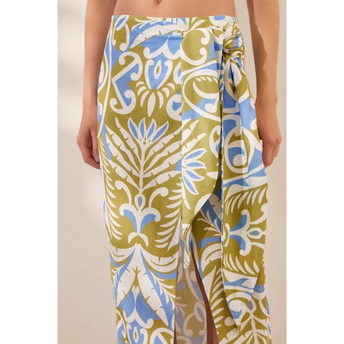 Yırtmaçlı Desen Etek Mavi