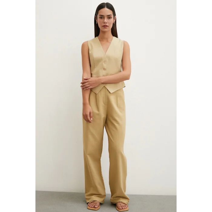 Boru Paça Yüksek Bel Keten Pantolon Camel
