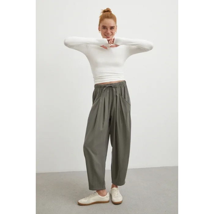 Bağcıklı Beli Lastikli Pileli Pantolon Haki