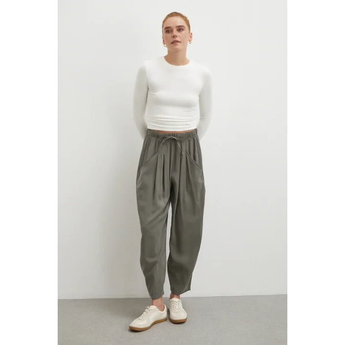 Bağcıklı Beli Lastikli Pileli Pantolon Haki