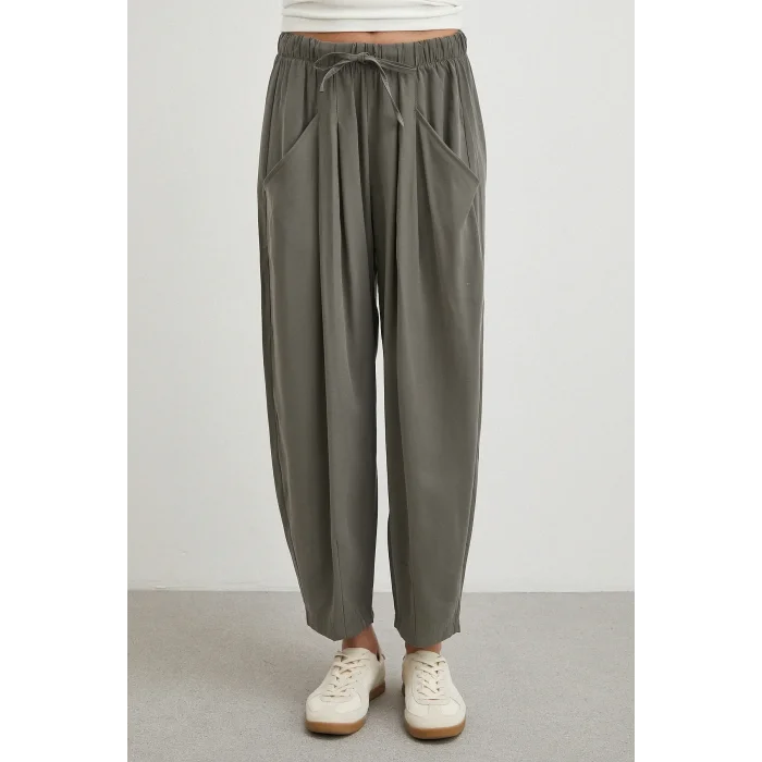 Bağcıklı Beli Lastikli Pileli Pantolon Haki