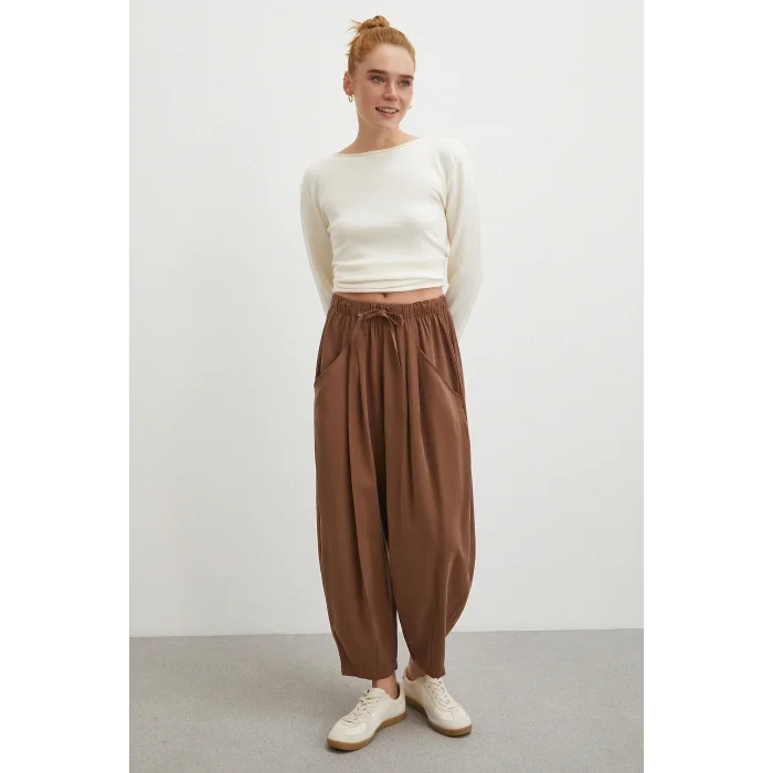 Bağcıklı Beli Lastikli Pileli Pantolon Kahve