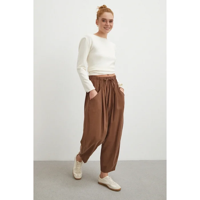 Bağcıklı Beli Lastikli Pileli Pantolon Kahve