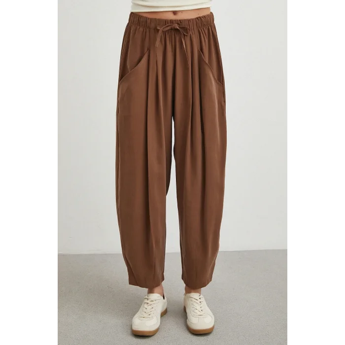 Bağcıklı Beli Lastikli Pileli Pantolon Kahve