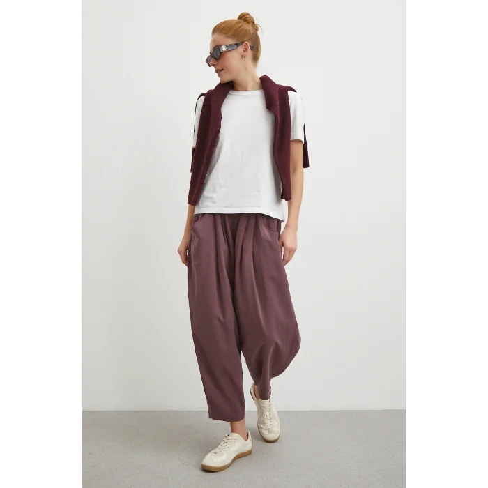 Bağcıklı Beli Lastikli Pileli Pantolon Mürdüm