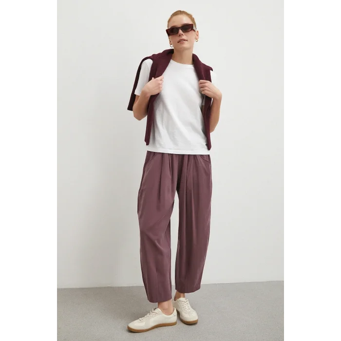 Bağcıklı Beli Lastikli Pileli Pantolon Mürdüm