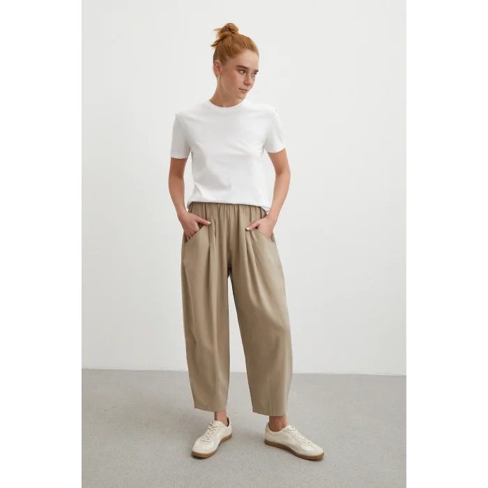 Bağcıklı Beli Lastikli Pileli Pantolon Taş