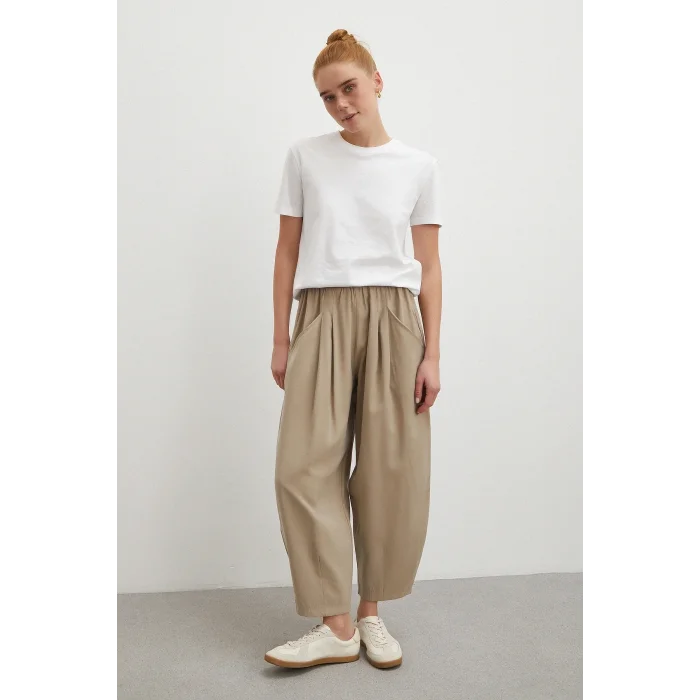 Bağcıklı Beli Lastikli Pileli Pantolon Taş