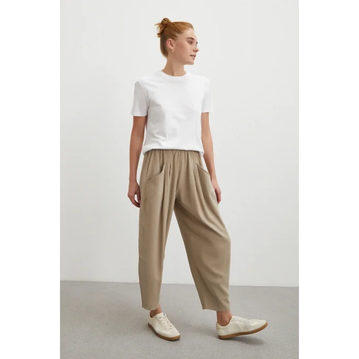 Bağcıklı Beli Lastikli Pileli Pantolon Taş